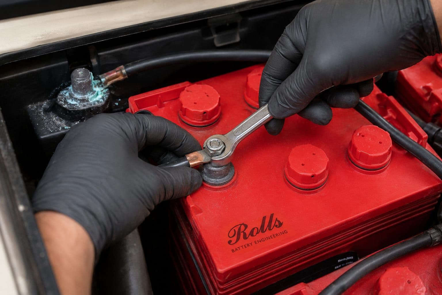 Manos con guantes apretando la terminal de una batería Rolls dentro del carrito
