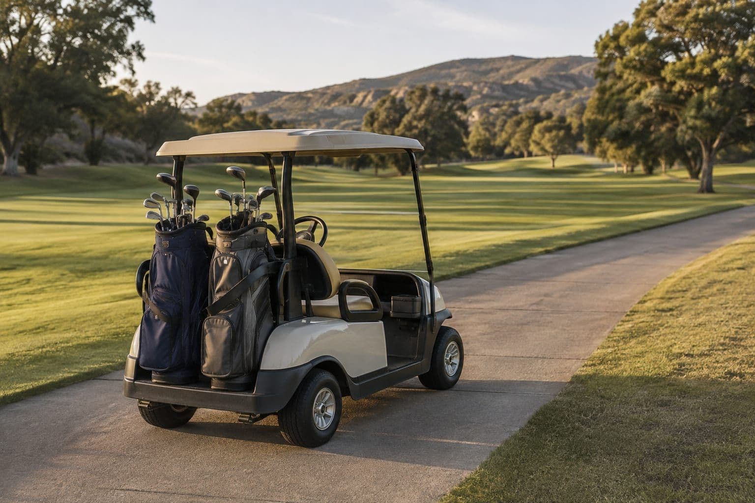 Carrito de golf en el campo al atardecer